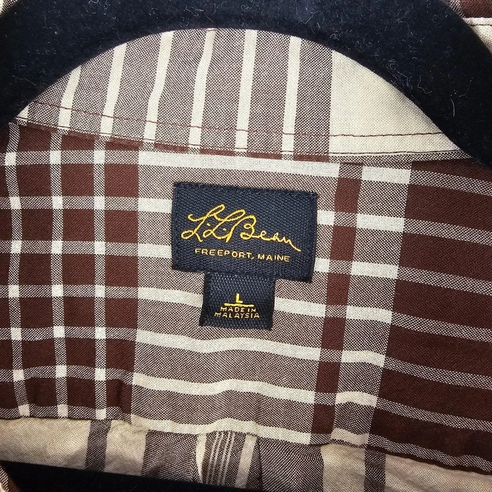 LL Bean Men's Large Brown‎ Cream Plaid Button Down Cotton Shirt Long Sleeve